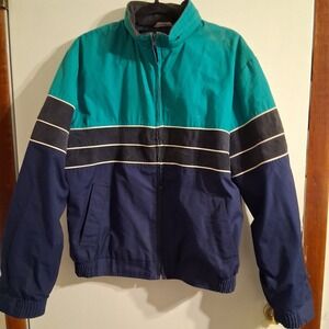 Vtg Nerdcore Jacket Navy Blue Teal w/Gray Corduroy Stripe Hidden Hood Punk EUC L